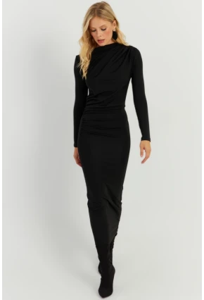 Kadın Siyah Büzgülü Midi Elbise KED5000