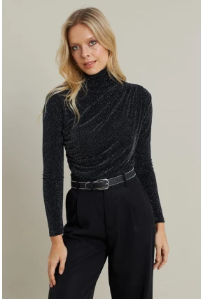 Kadın Siyah Büzgülü Simli Bluz ELT3568