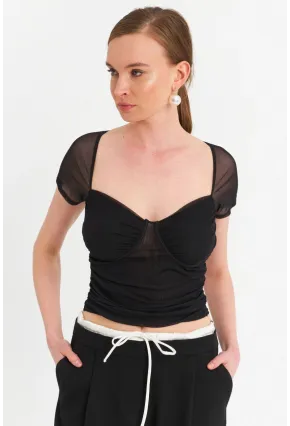 Kadın Siyah Büzgülü Tül Crop Bluz TPG04