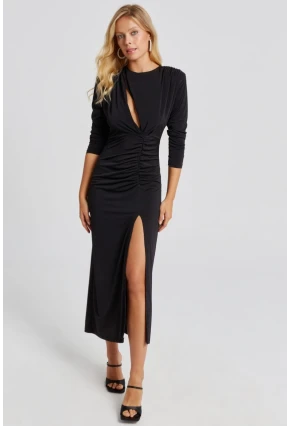 Kadın Siyah Büzgülü Yırtmaçlı Maxi Elbise BK272115