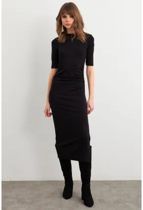 Kadın Siyah Büzgülü Yırtmaçlı Tshırt Elbise FS9594