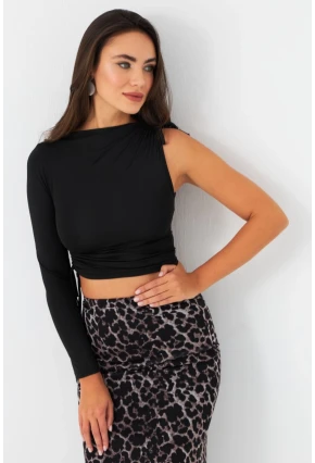 Kadın Siyah Büzülebilir Tek Kol Bluz CG390