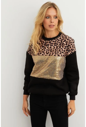 Kadın Siyah-Camel Bloklu Sweatshirt MST098