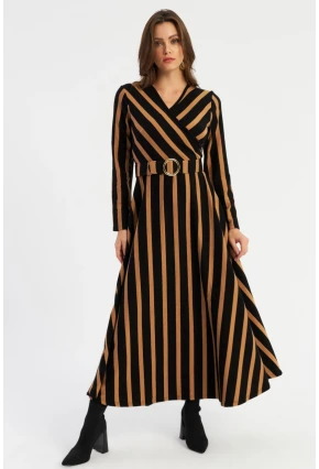 Kadın Siyah-Camel Kruveze Kemerli Maxi Elbise VTN4