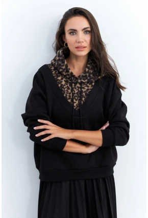 Kadın Siyah-Camel Leopar Bloklu Sweatshirt PP6415