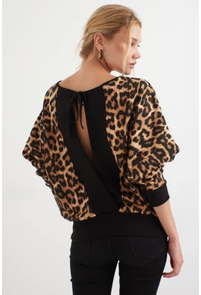 Kadın Siyah -Camel Leopar Desenli Sırtı Açık Yarasa Kol Sweatshirt B161