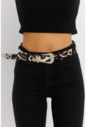 Kadın Siyah-Camel Leopar Desenli Tokalı Kemer BE704