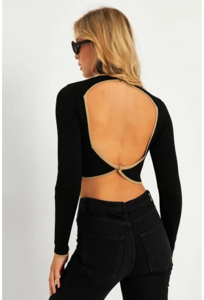 Kadın Siyah-Camel Sırtı Açık Bluz YV270