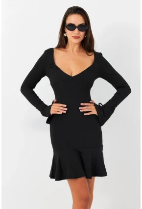 Kadın Siyah Çan Kol Mini Elbise CG386