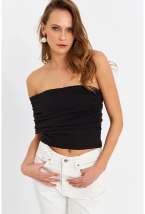 Kadın Siyah Çapraz Crop Bluz B4074