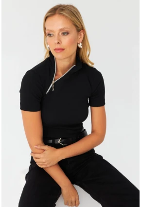 Kadın Siyah Çapraz Fermuarlı Kaşkorse Bluz EY3000