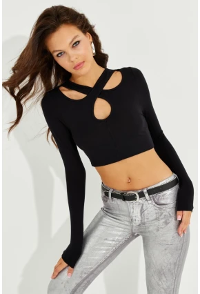 Kadın Siyah Çapraz Yaka Crop Bluz B2746