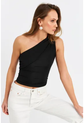 Kadın Siyah Çapraz Yaka Crop Bluz B6082-90