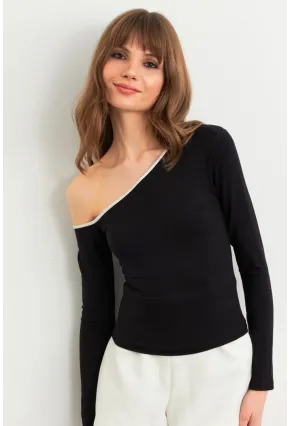Kadın Siyah Çapraz Yaka Crop Bluz HOR0060
