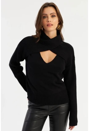 Kadın Siyah Çapraz Yaka Kazak AYD384