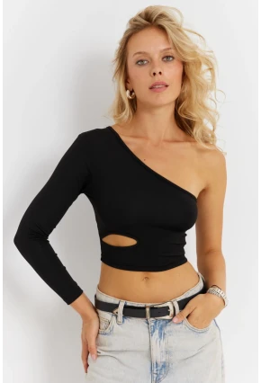 Kadın Siyah Çapraz Yaka Pencerli Crop Bluz CG366