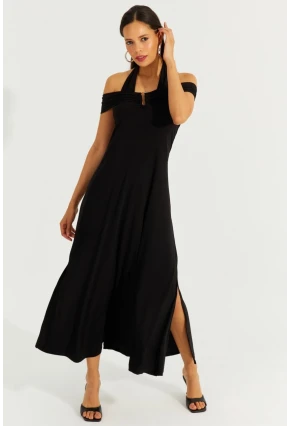 Kadın Siyah Çift Askılı Maxi Elbise BK261084