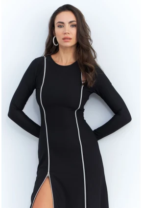 Kadın Siyah Çift Fermuarlı Maxi Elbise ELT4039