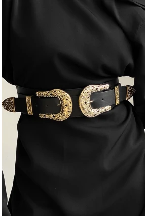 Kadın Siyah Çift Tokalı Lastikli Kemer BE617