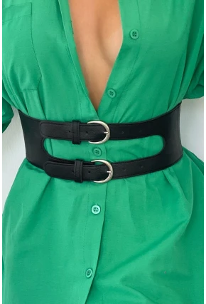 Kadın Siyah Çift Tokalı Lastikli Korse Kemer BE638