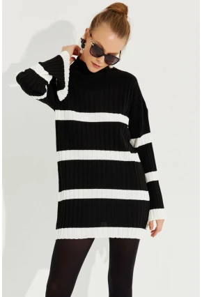 Kadın Siyah Çizgili Mini Triko Elbise YV212
