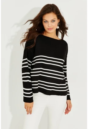 Kadın Siyah Çizgili Triko Kazak SF2188