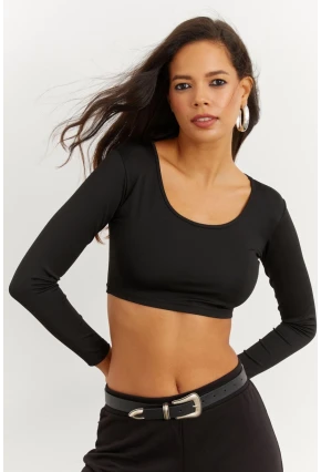 Kadın Siyah Crop Bluz CG261
