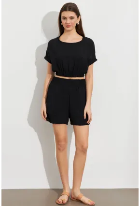 Kadın Siyah Crop Şort Takım Q1014