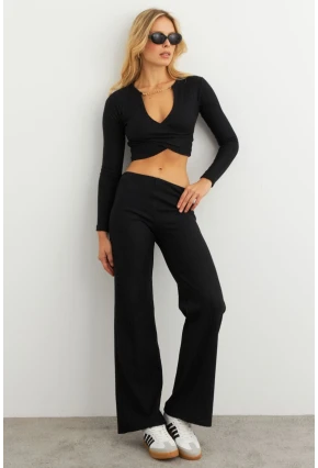 Kadın Siyah Crop Üstlü İkili Pantolon Takım XL10052