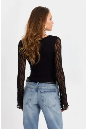 Kadın Siyah Dantel Bloklu Bluz FS9832