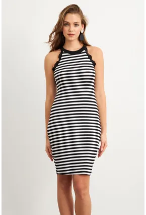 Kadın Siyah Dantel Detaylı Çizgili Midi Elbise MK36