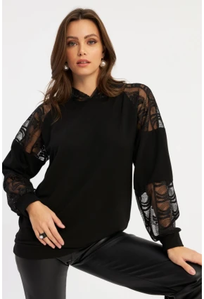 Kadın Siyah Dantel Detaylı Kapüşonlu Sweatshirt MBK58
