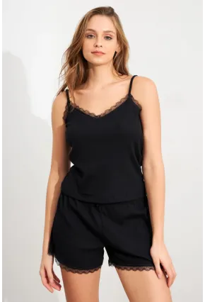 Kadın Siyah Dantel Detaylı Pijama Takımı SAN102