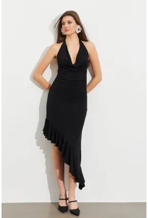 Kadın Siyah Degaje Asimetrik Midi Elbise İRE1436