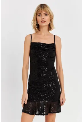 Kadın Siyah Degaje Yaka Pullu Mini Elbise DCF129
