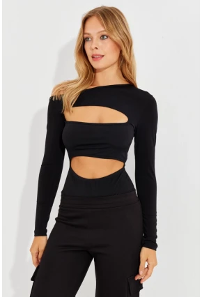Kadın Siyah Dekolteli Çıtçıtlı Body MEN2009