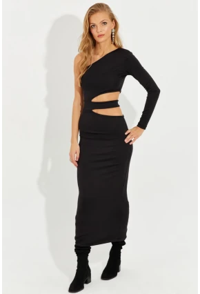 Kadın Siyah Dekolteli Tek Omuz Midi Elbise EY2577