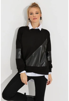 Kadın Siyah Deri Bloklu Sweathirt ST6015
