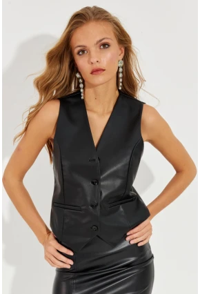 Kadın Siyah Deri Yelek ELA3081
