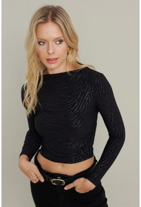 Kadın Siyah Desenli Büzgülü Bluz LPP1298