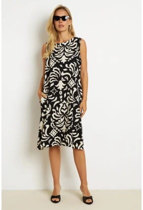 Kadın Siyah Desenli Cepli Midi Elbise YZ1059