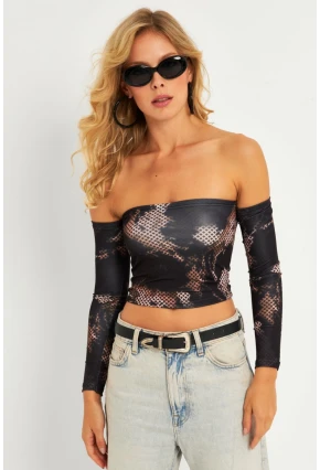 Kadın Siyah Desenli Crop Bluz CG378