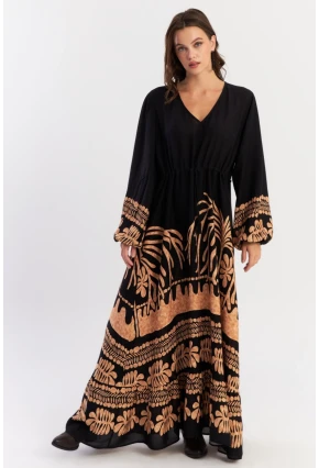 Kadın Siyah Desenli Maxi Dokuma Elbise ALO237