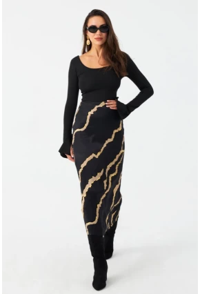 Kadın Siyah Desenli Saten Etek MCAR1060