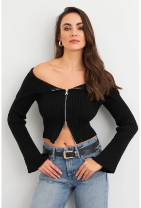 Kadın Siyah Devrik Yaka Kısa Hırka TEM103