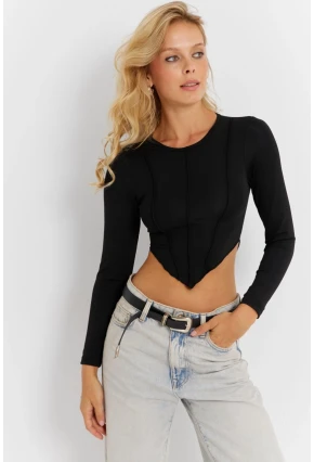 Kadın Siyah Dikişli Crop Bluz CG361