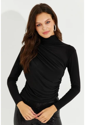 Kadın Siyah Drapeli Bluz LPP1226