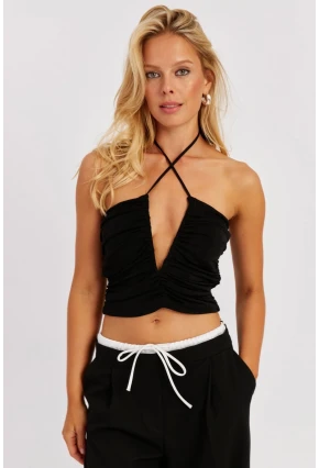 Kadın Siyah Drapeli Crop Bluz KED154