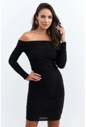 Kadın Siyah Drapeli Degaje Mini Elbise ELT3697