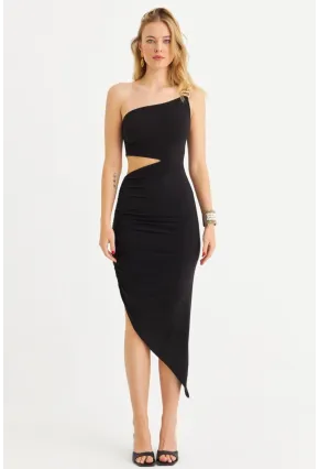 Kadın Siyah Drapeli Dekolteli Midi Elbise SDY1264
